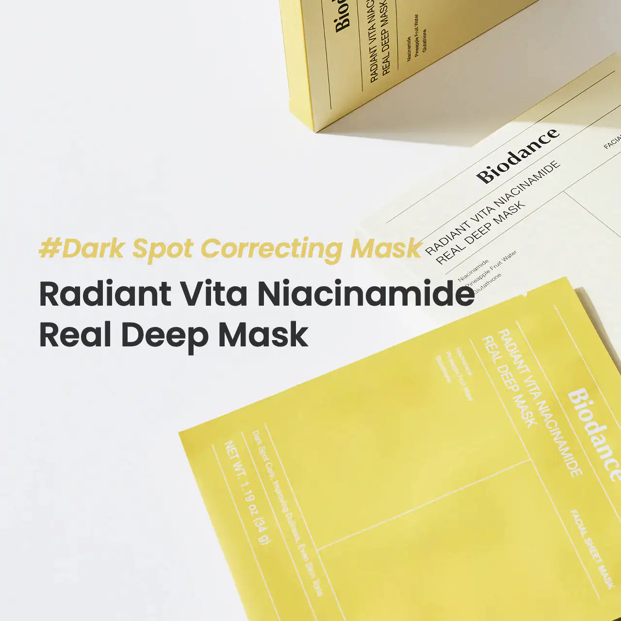 Biodance Radiant Vita niacinamide deep mask verpakking en masker velletjes, geel