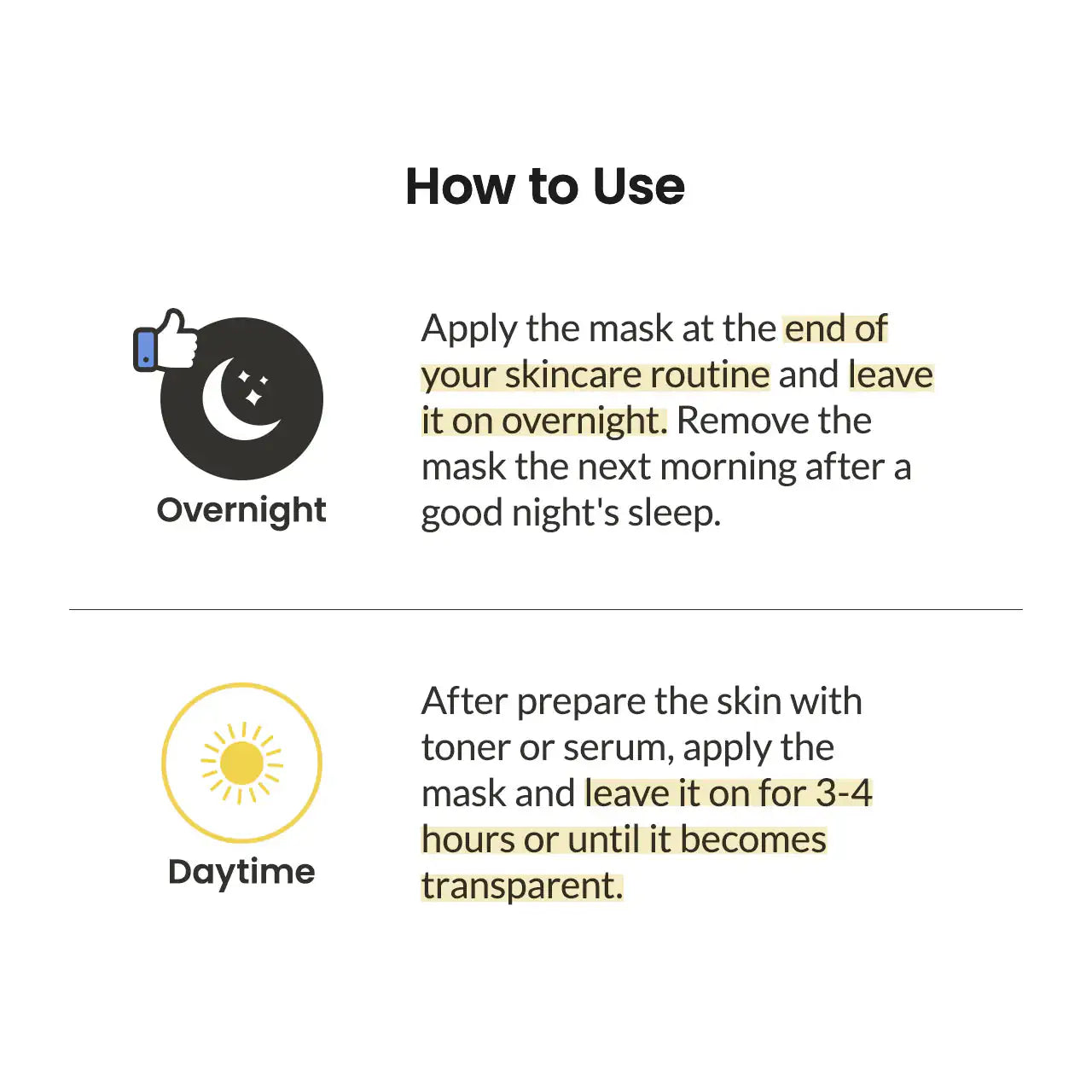 Gebruiksinstructies kaart: overnight- en daytime- toepassing van sheetmasker