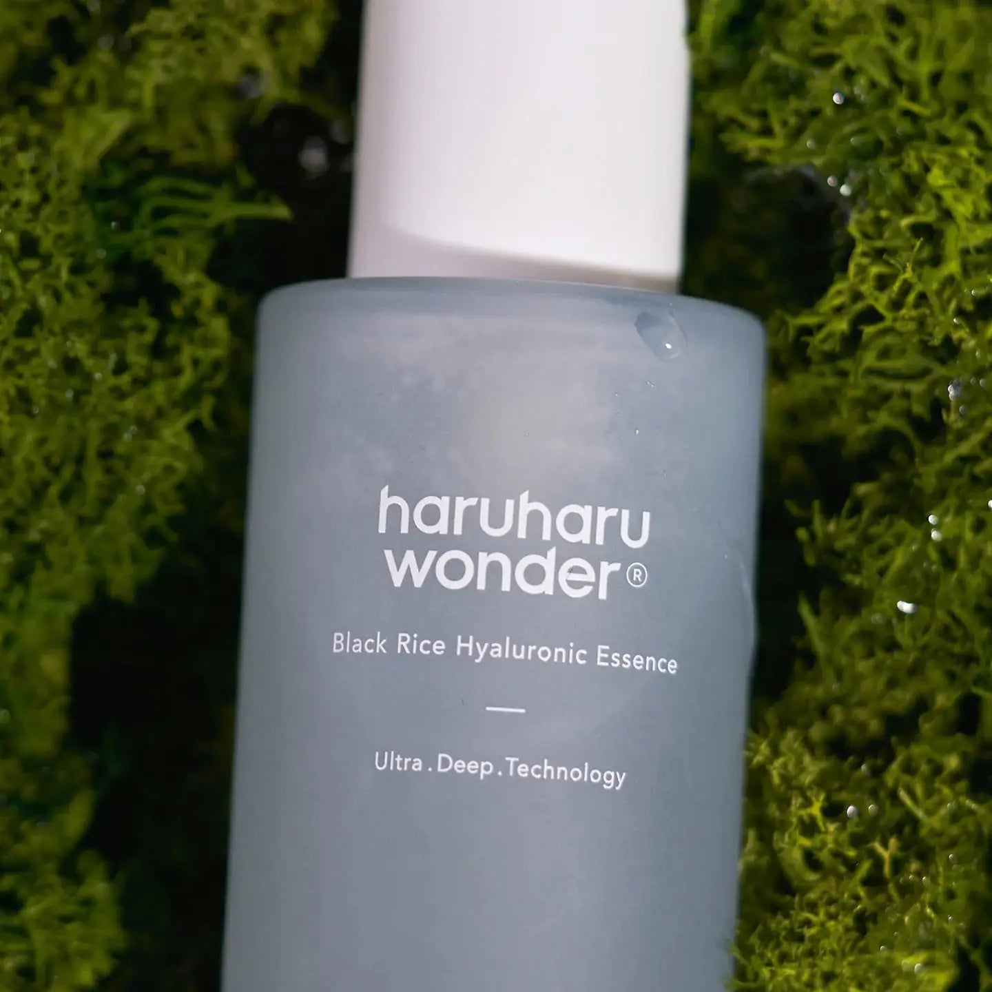 Haruharu WONDER Black Rice Hyaluronic Essence Gezichtsessencefles met witte dop en haruharu wonder®-logo op grijsblauwe fles