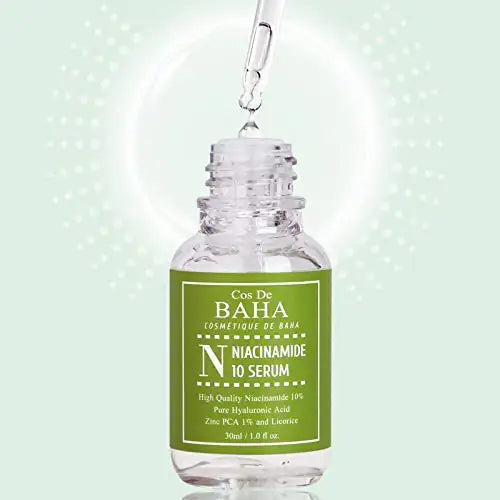 Niacinamide-serumflacon met gouden groene etiket, pipet erboven