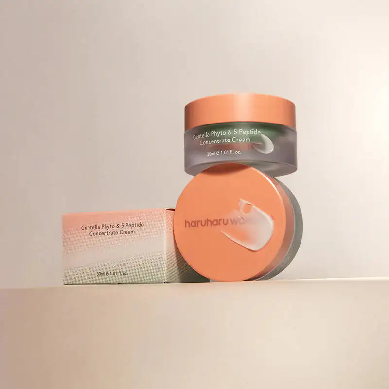 Haruharu WONDER Centella Phyto & 5 Peptide Concentrate Cream Set met gezichtscrème pot, ronde oranje container en kleine verpakking