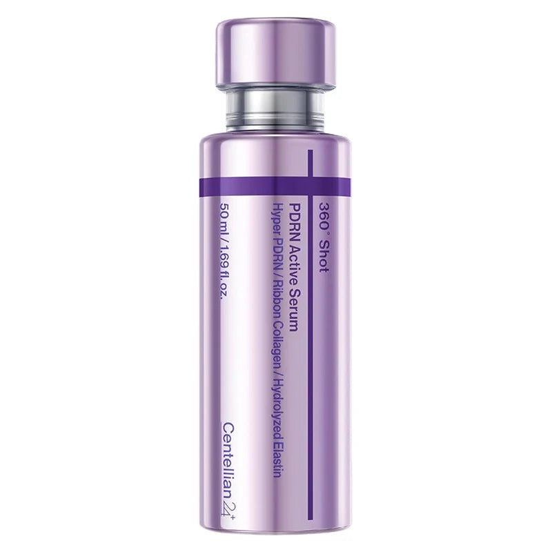 Paarse flacon Centellian24 360º Shot PDRN Active Serum van 50 ml met dop op een witte achtergrond.