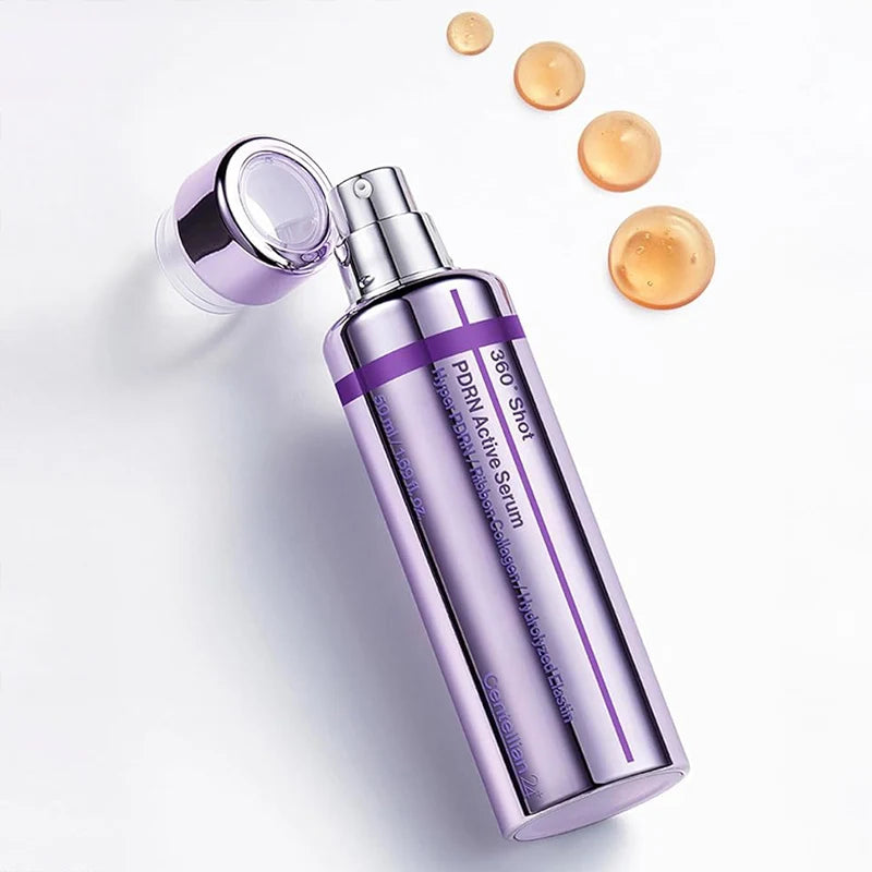 Open flacon Centellian24 360º Shot PDRN Active Serum met pompje en druppels serum ernaast.