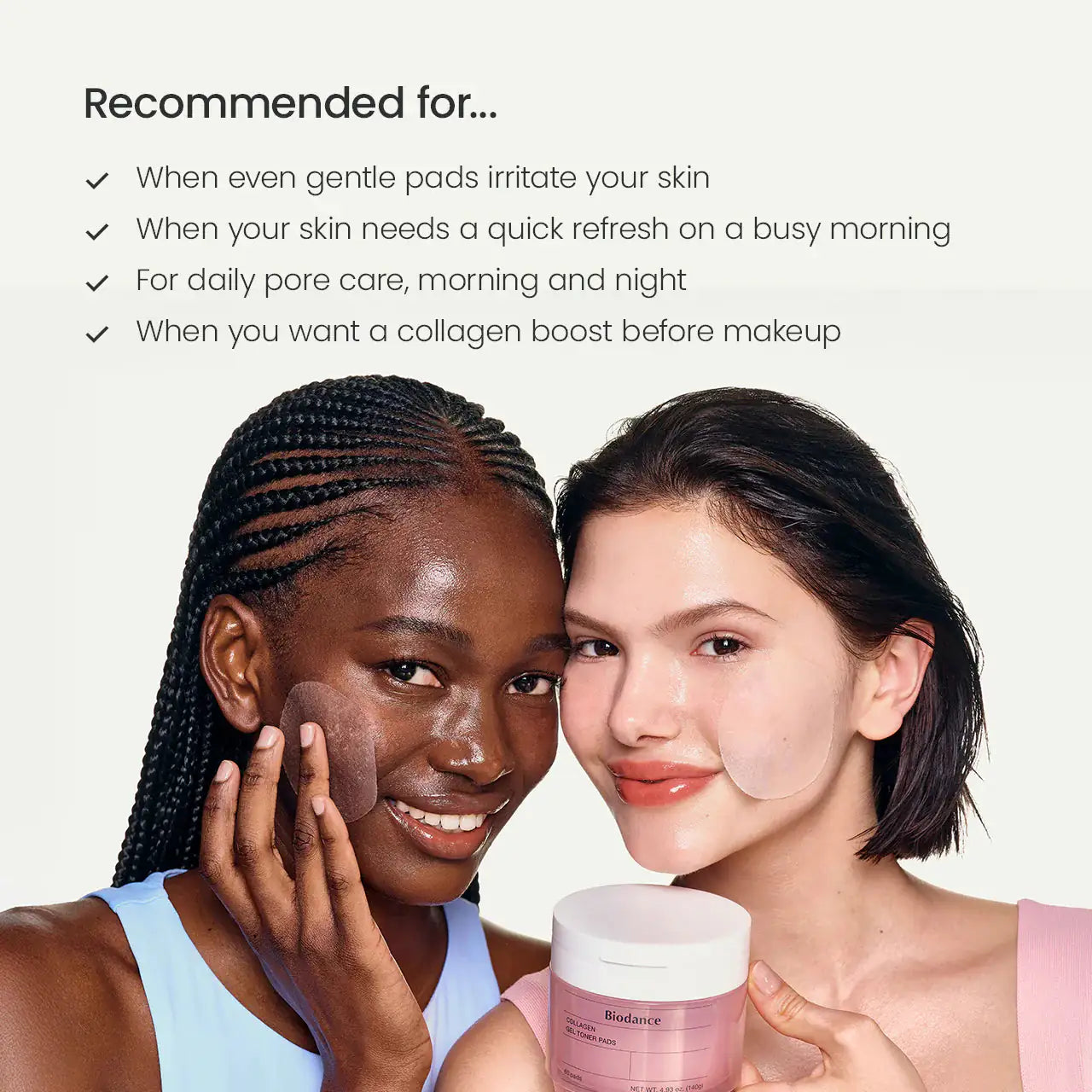 Collageen gel- toner pads pot van Biodance in handen van twee personen.