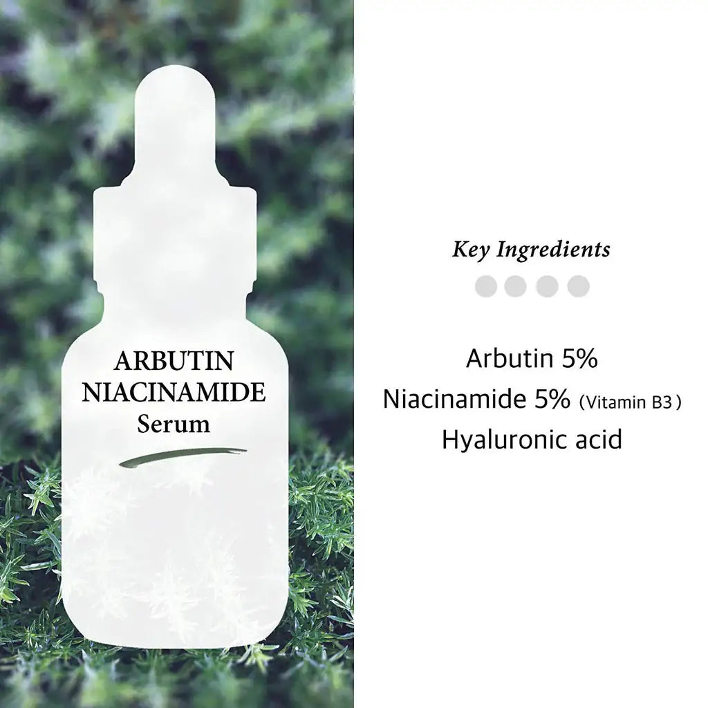 Silhouet van arbutin- en niacinamide serumfles, met tekst op etiket en druppelpomp