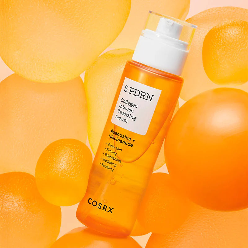 100ml COSRX 5 PDRN Collagen Intense Vitalizing Serum 100ml – productfoto op oranje achtergrond
