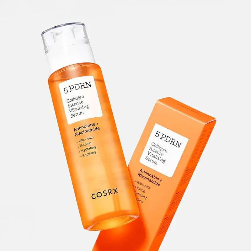 Collageen-serumflesje en verpakking, oranje flacon met witte dop, COSRX