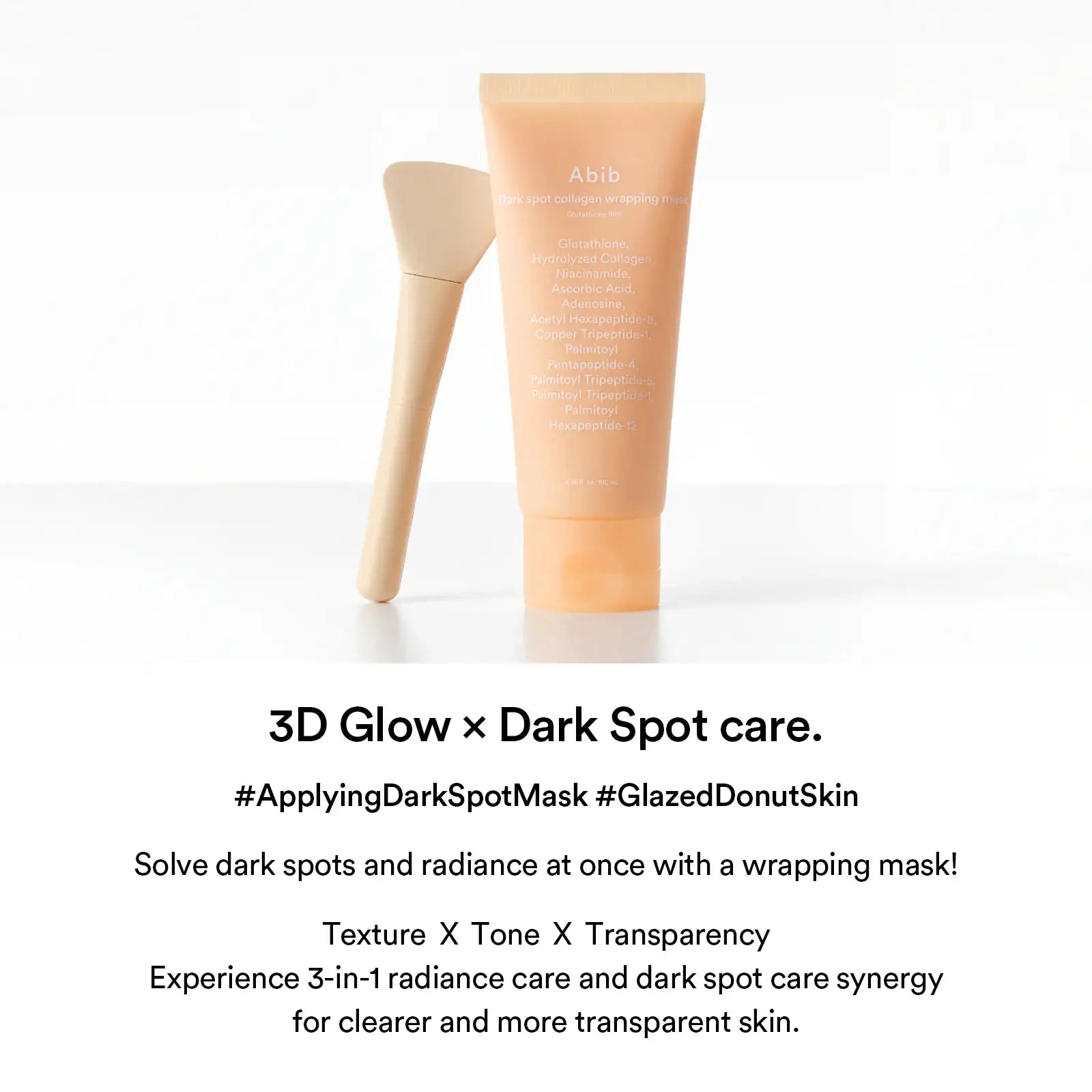 Abib Dark spot collagen wrapping mask Glutathione film Abib wrapping mask met kwastje, lichtbeige tube en crème-applicator.