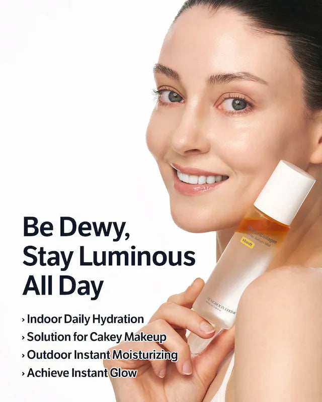 Model met stralende huid houdt Sungboon Editor Deep Collagen Barrier Serum Mist vast – Be Dewy, Stay Luminous All Day voor dagelijkse hydratatie, cakey make-up fix en instant glow