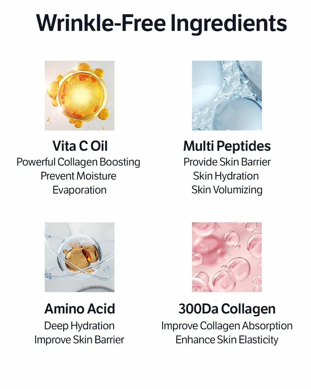 Wrinkle-Free Ingredients Sungboon Editor Deep Collagen Barrier Serum Mist: Vita C Oil voor collagen boosting, Multi Peptides voor huidbarrière, Amino Acid voor diepe hydratatie en 300Da Collagen voor elasticiteit