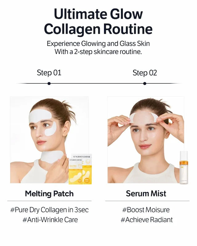  Ultimate Glow Collagen Routine in 2 stappen: Stap 1 Sungboon Editor Melting Patch met Pure Dry Collagen voor anti-rimpel, Stap 2 Deep Collagen Barrier Serum Mist voor hydratatie en stralende huid