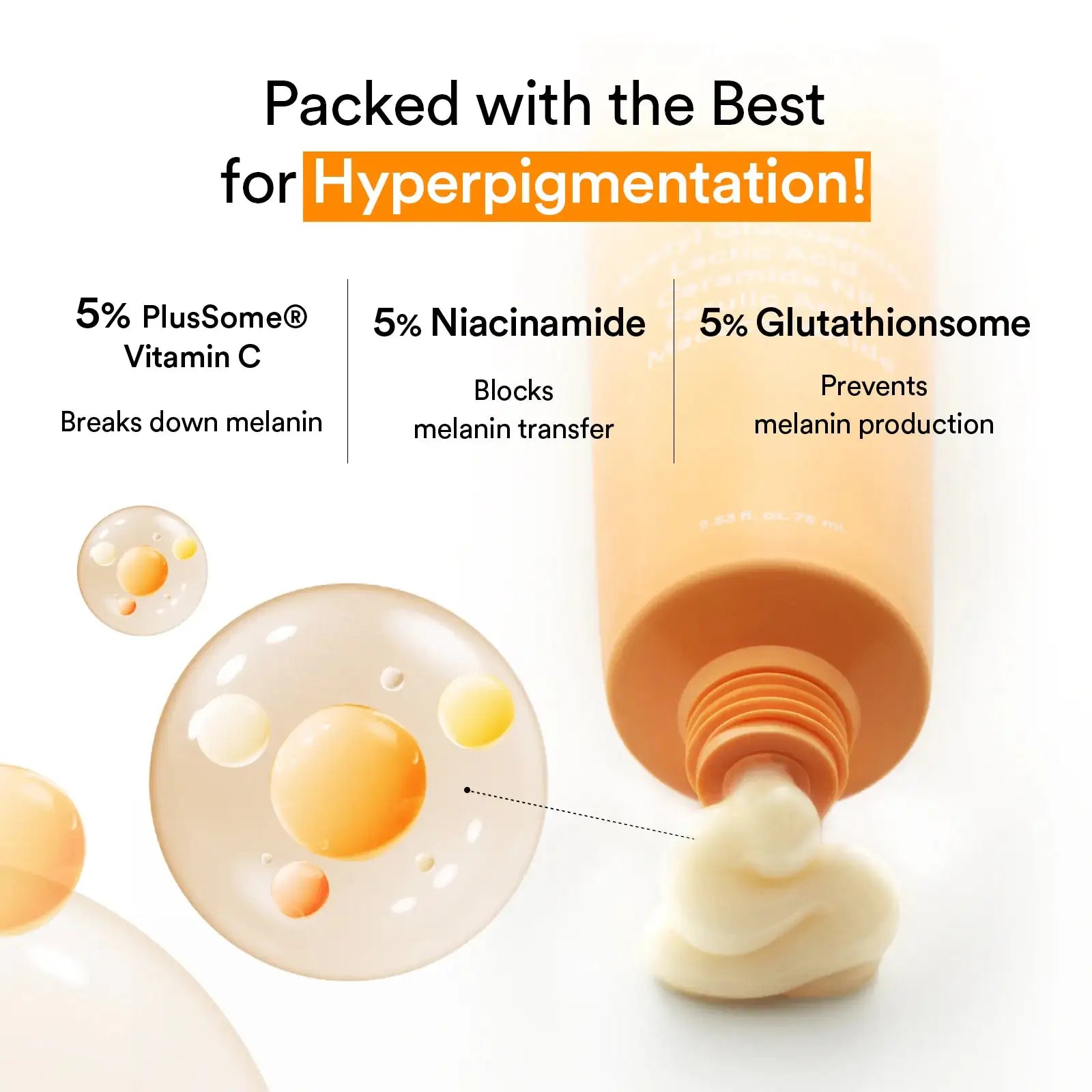 Abib Glutathiosome dark spot cream Vita tube Glutathiosome crème in oranje tube met romige uitloop en bol-illustratie