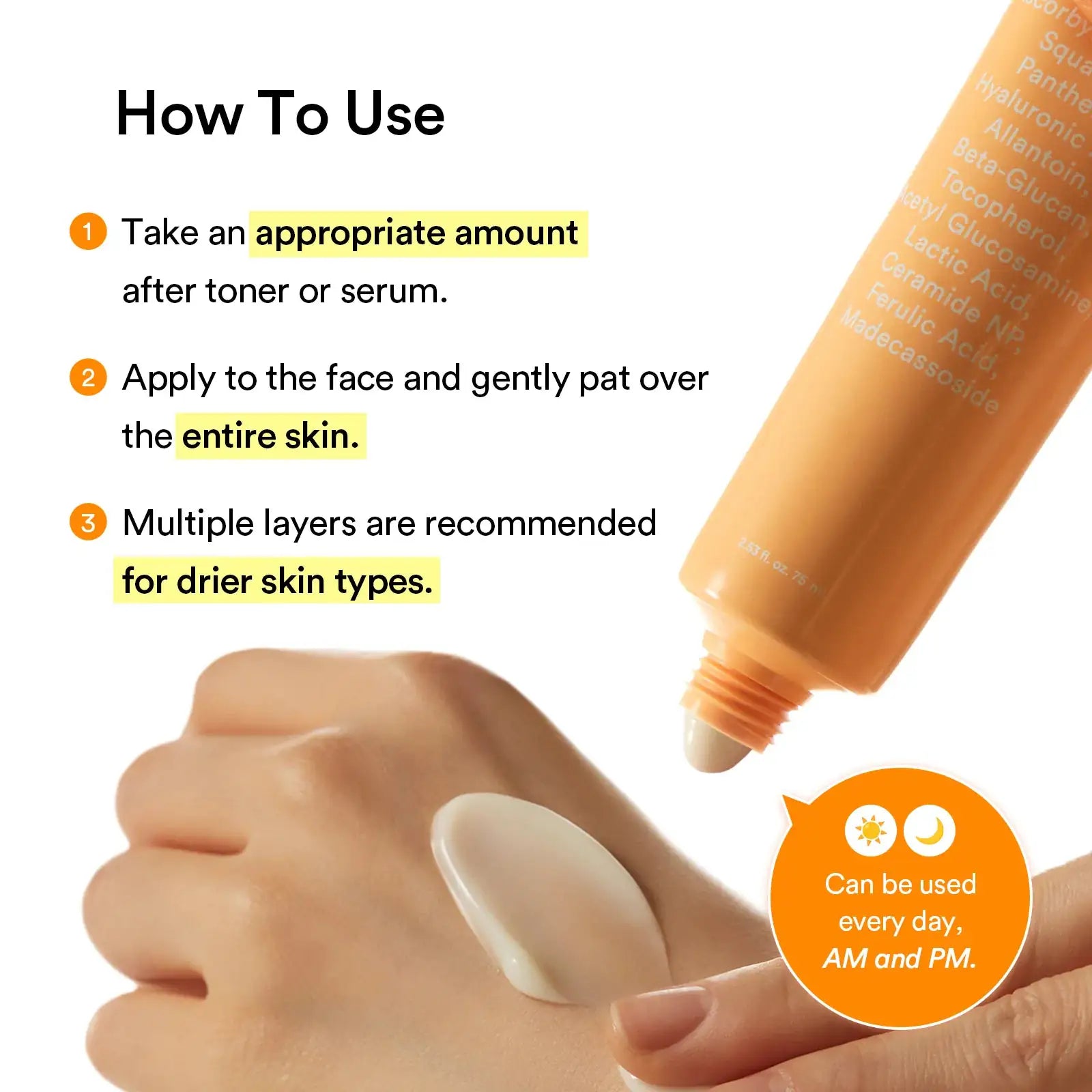 Abib Glutathiosome dark spot cream Vita tube Oranje crèmetube met hand die romige gezichtscrème smeert