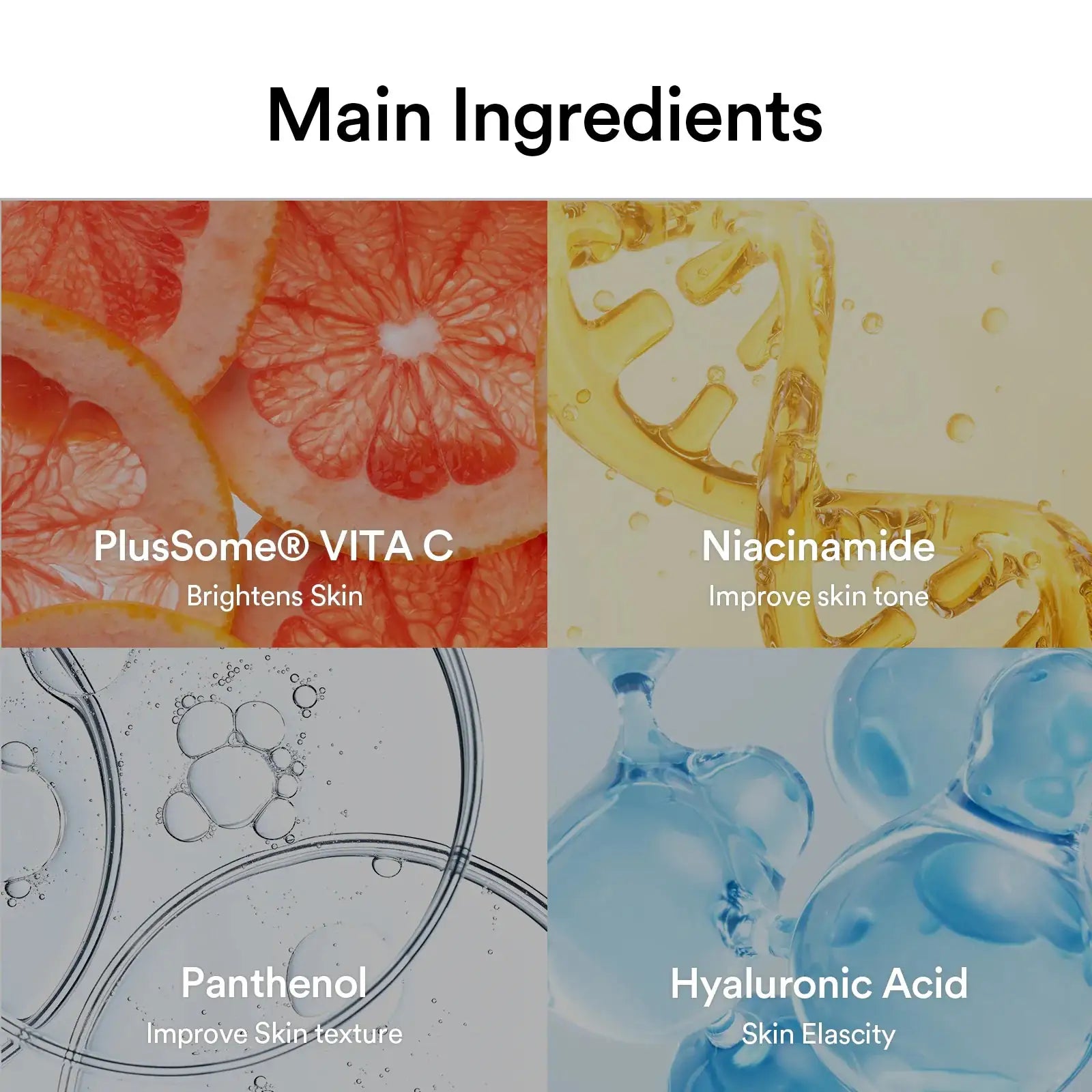 Abib Glutathiosome dark spot cream Vita tube Hoofdingrediënten collage: niacinamide, panthenol en hyaluronzuur