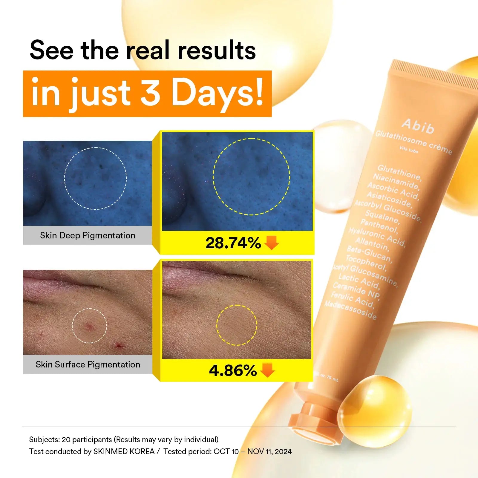 Abib Glutathiosome dark spot cream Vita tube Glutathiosome crème in oranje tube met romige crèmeklodder ernaast