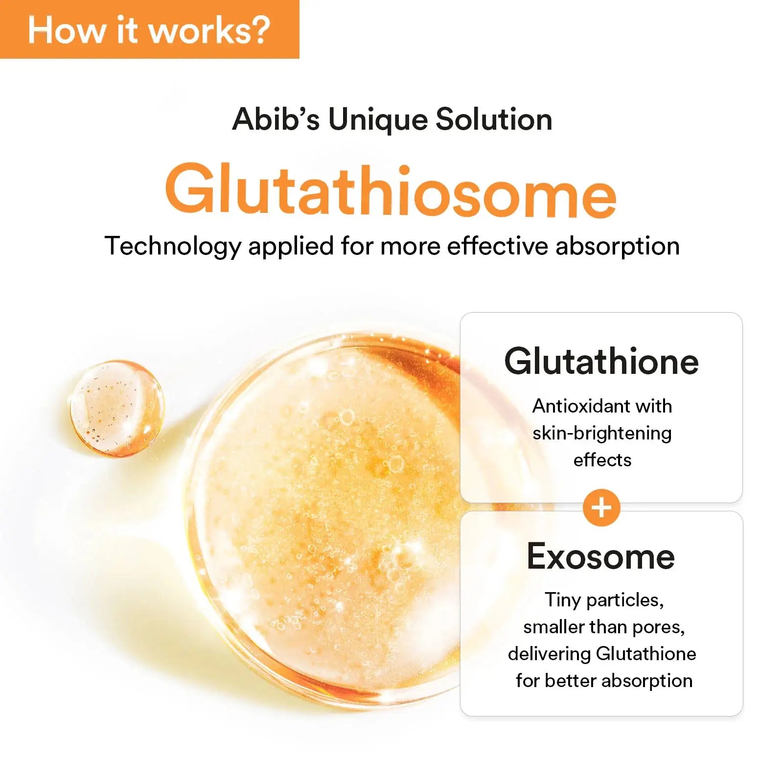 Abib Glutathiosome dark spot serum Vita drop Glutathiosome-serumdeeltjes in een gouden gelstructuur met voorbeeldcapsule