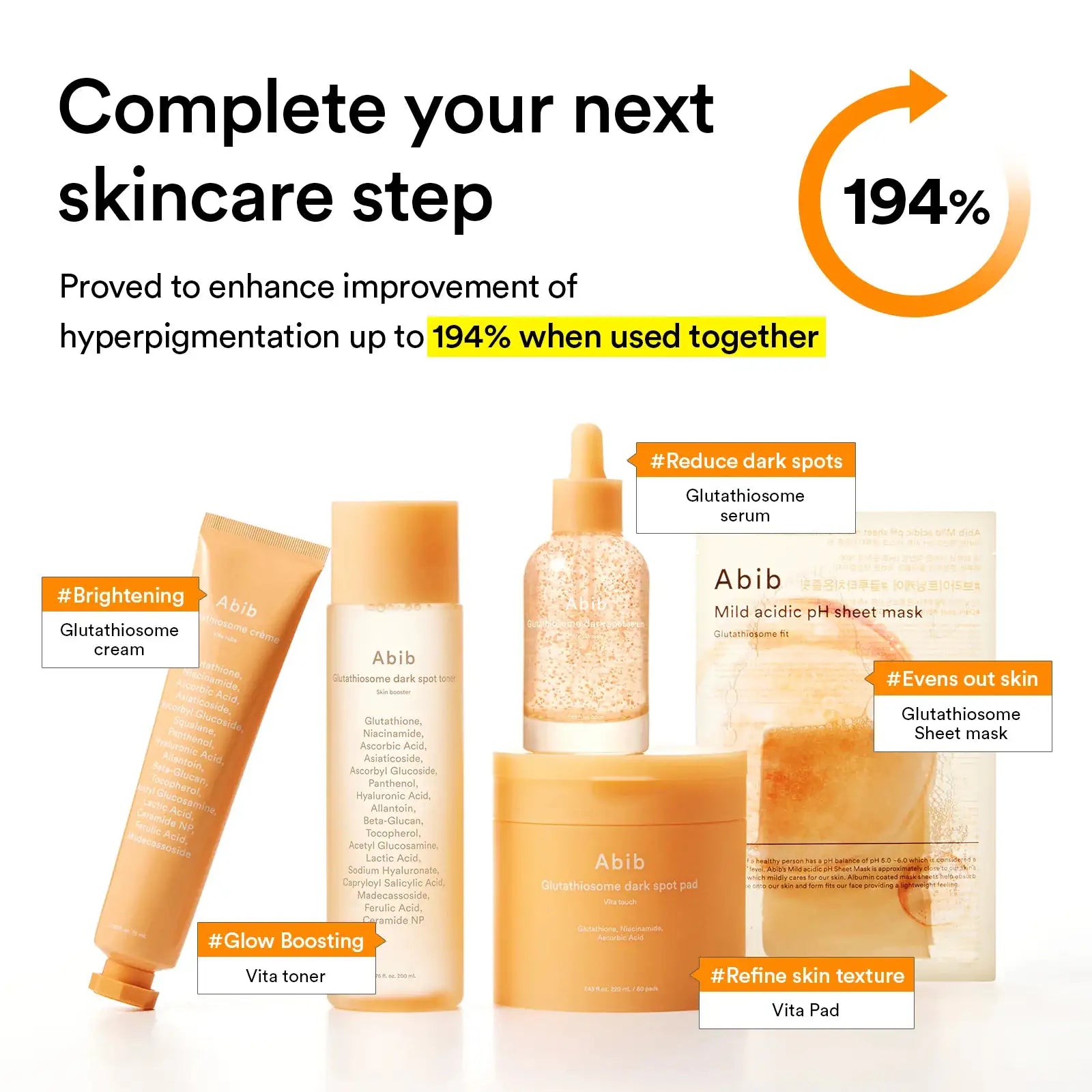 Abib Glutathiosome Dark Spot Toner Skin Booster Glutathiosome donkere-vlekken toner skin booster en skincareproducten in set, op rij