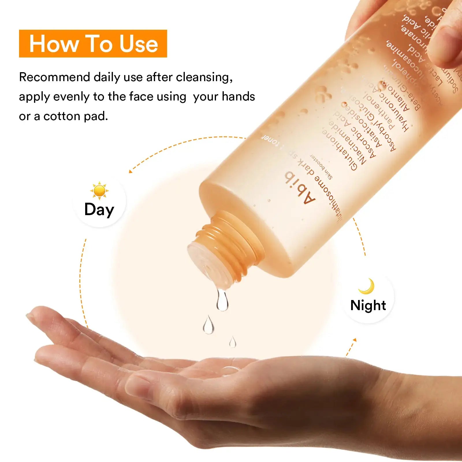 Abib Glutathiosome Dark Spot Toner Skin Booster Glutathiosome donkere-vlekken toner skin booster bij gebruik: flesje, hand en druppels