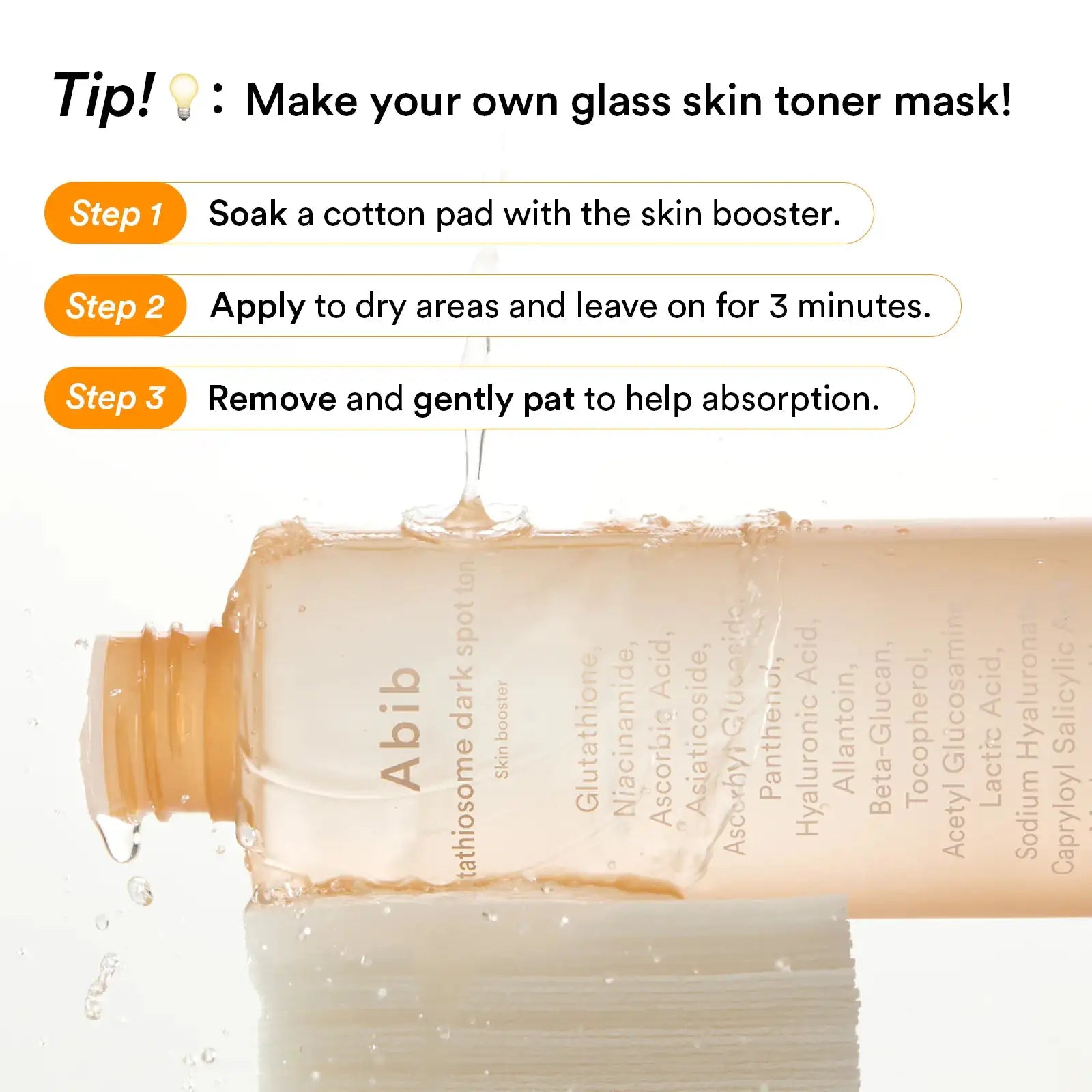 Abib Glutathiosome Dark Spot Toner Skin Booster Gezichtstonerflesje met druppelaar, doorschijnende vloeistof en label