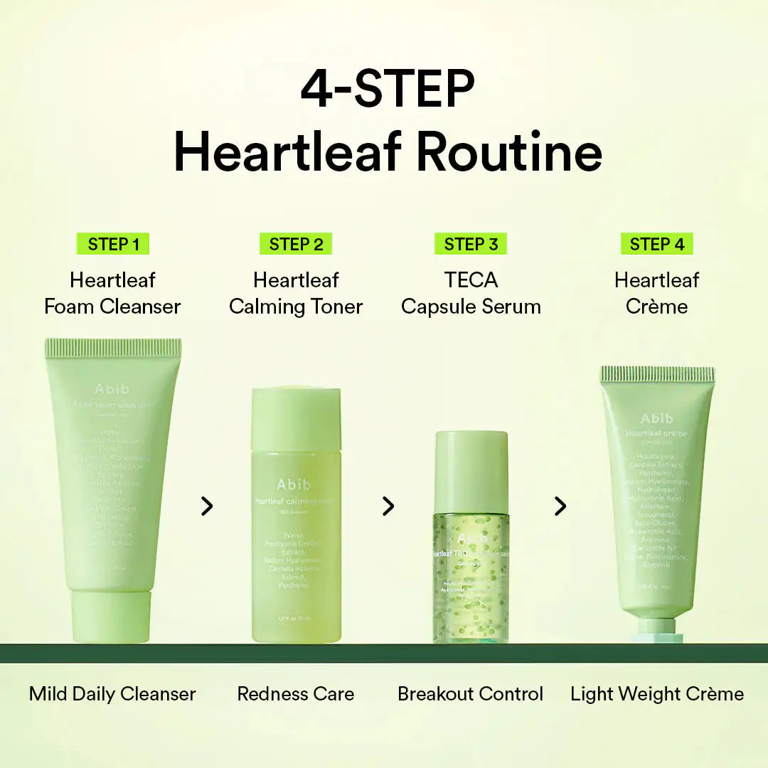Abib Heartleaf calming Trial kit Heartleaf 4-stappen routine met schuimreiniger, toner, serum en crème