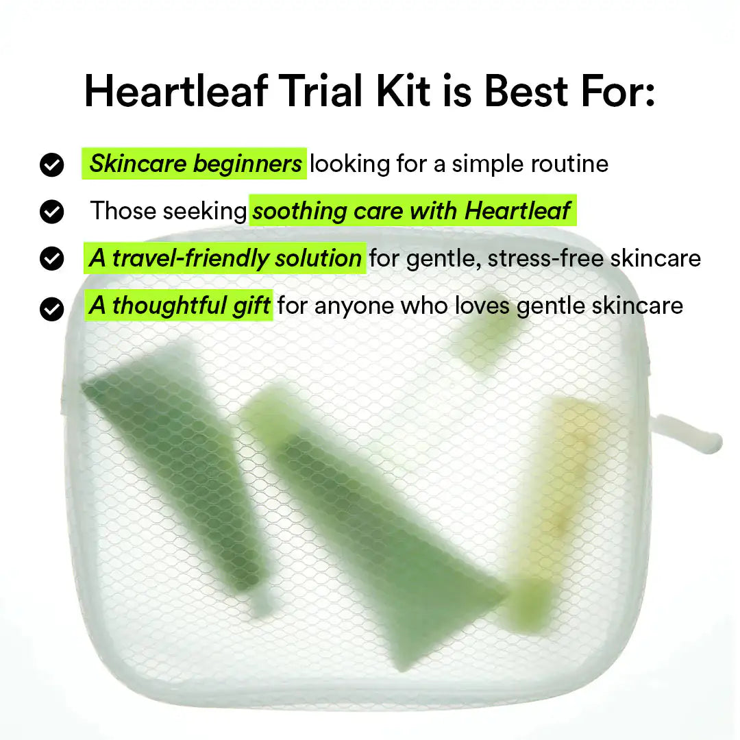 Abib Heartleaf calming Trial kit Heartleaf proefset in doorzichtige reistas met meerdere groene producten