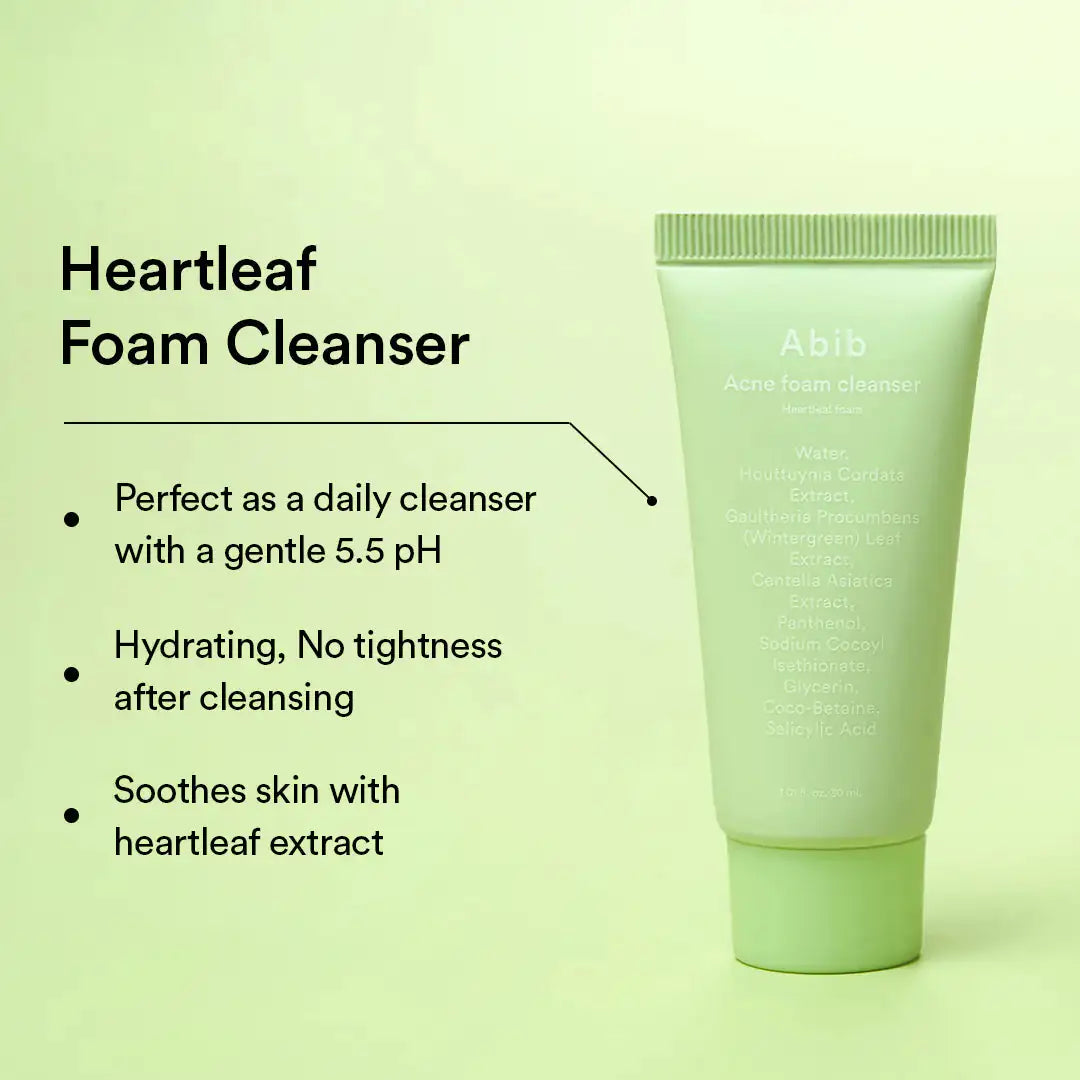 Abib Heartleaf calming Trial kit Heartleaf foam cleanser tube met groene, dagelijkse reiniger