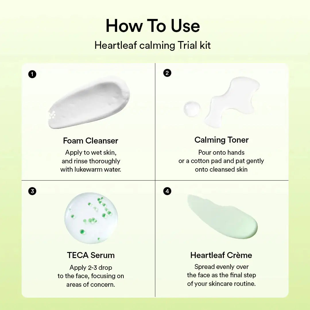 Abib Heartleaf calming Trial kit Gebruiksstappen voor Heartleaf proefset: reiniger, toner, serum en crème