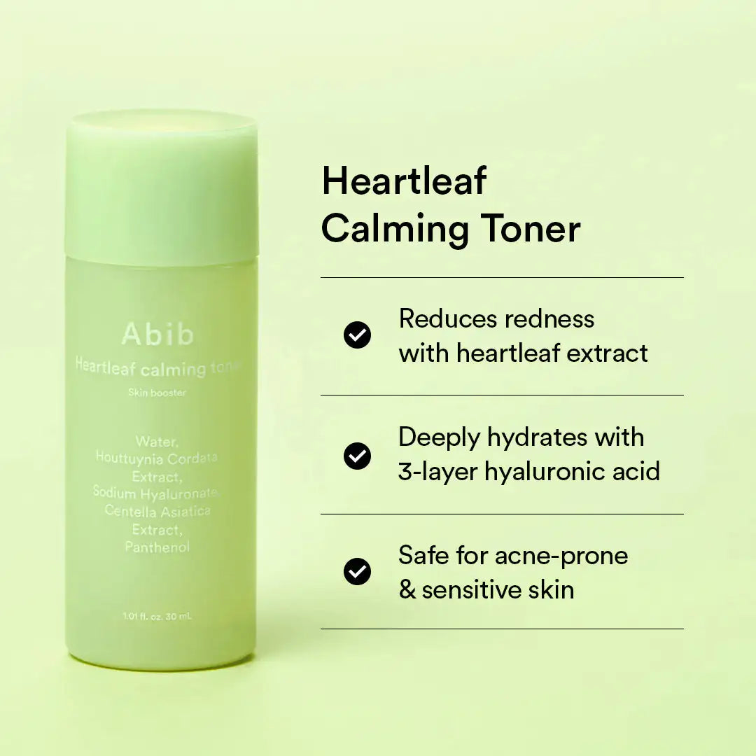 Abib Heartleaf calming Trial kit Heartleaf calming toner fles met dop en lichtgroene vloeistof