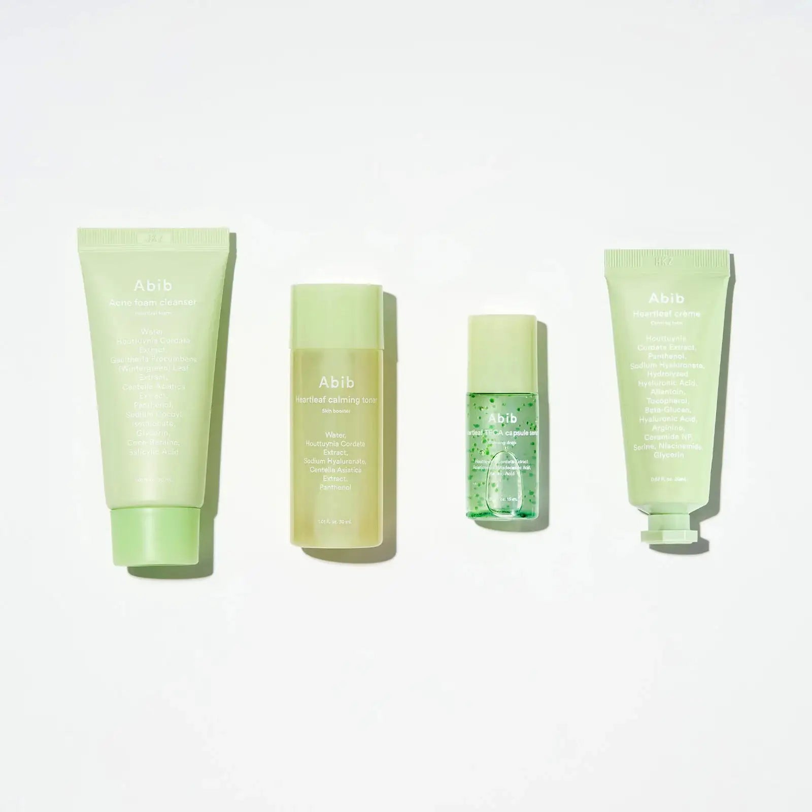 Abib Heartleaf calming Trial kit Heartleaf proefset met vier huidverzorgingsproducten in groene verpakkingen