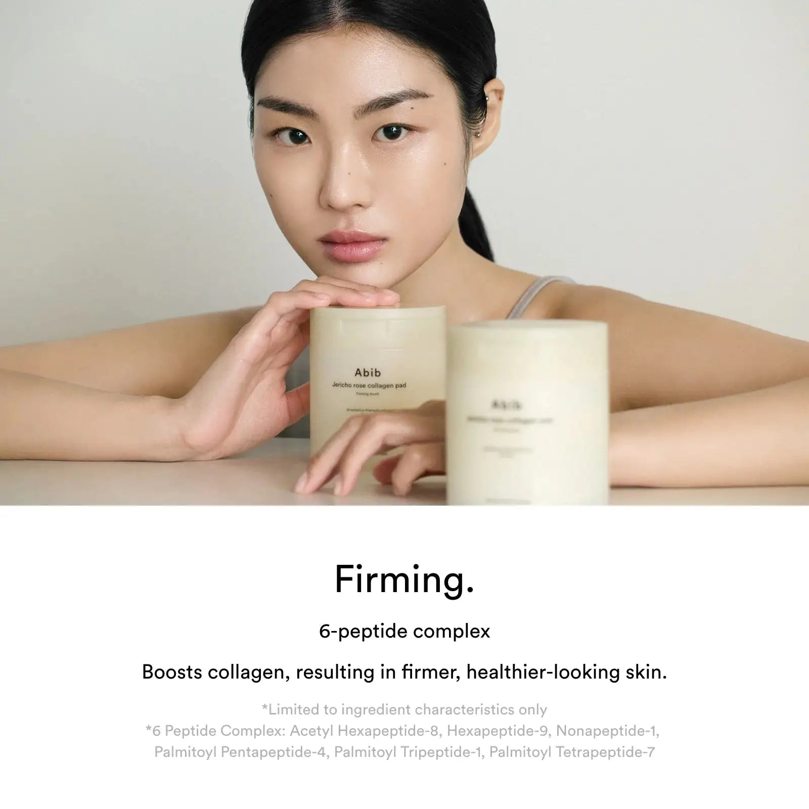 Abib Jericho Rose Collagen Pad Firming Touch Abib Jericho rose collageenpad potten; een persoon houdt twee roomwitte potten vast