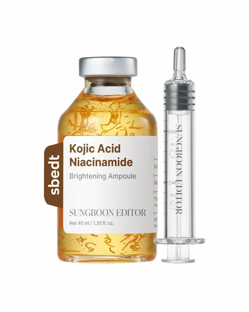 Sungboon Editor Kojic Acid Niacinamide Brightening Ampoule 40 ml met gouden draadjes en doseerapplicator.
