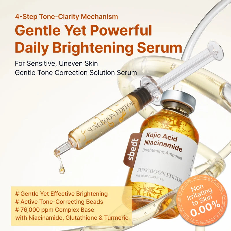 Sungboon Editor Kojic Acid Niacinamide Brightening Ampoule met gevulde applicator en informatie over dagelijks gebruik.