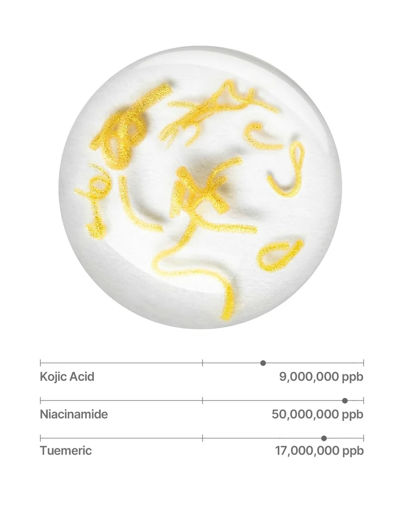 Gouden draadjes in de Sungboon Editor ampoule met vermelde concentraties kojic acid, niacinamide en kurkuma.