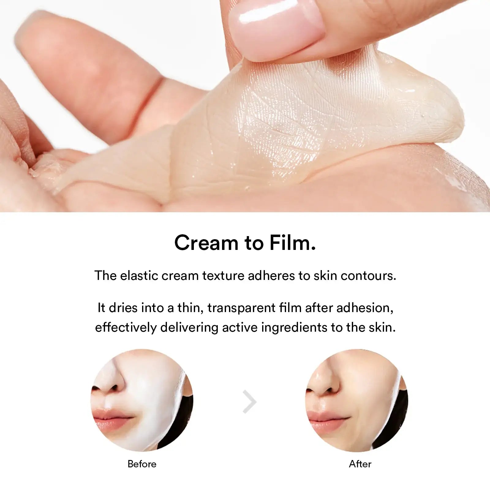 Abib Lifting collagen wrapping mask Jericho rose film Maskertextuur die uitloopt tot een dunne, heldere film op vingers
