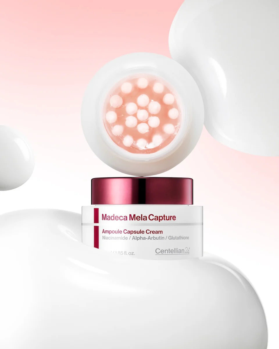 Centellian24 Madeca Mela Capture Ampoule Capsule Cream met roze geltextuur en witte ampulcapsules naast de pot.