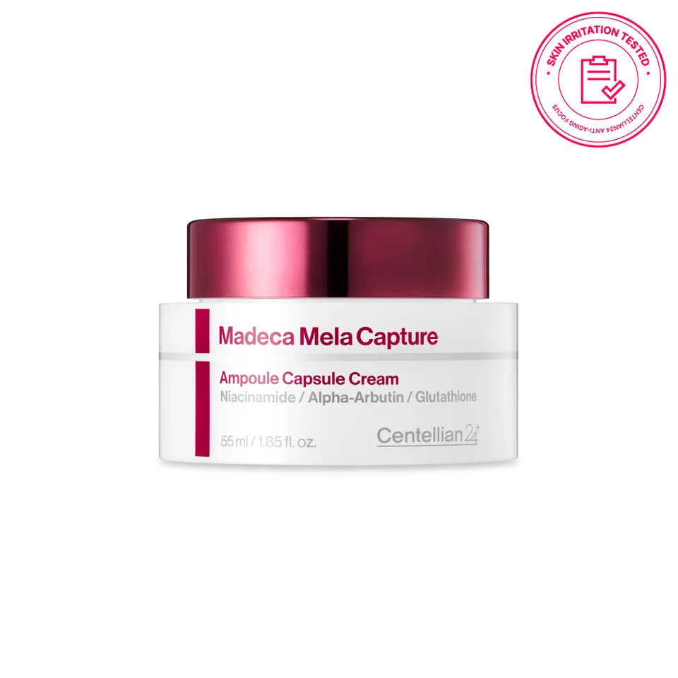 Centellian24 Madeca Mela Capture Ampoule Capsule Cream 55 ml met verpakking en keurmerk voor huidirritatietest.