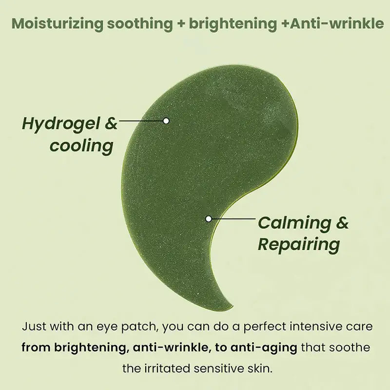 Groene hydrogel oogpatch met labels voor hydraterend en kalmerend