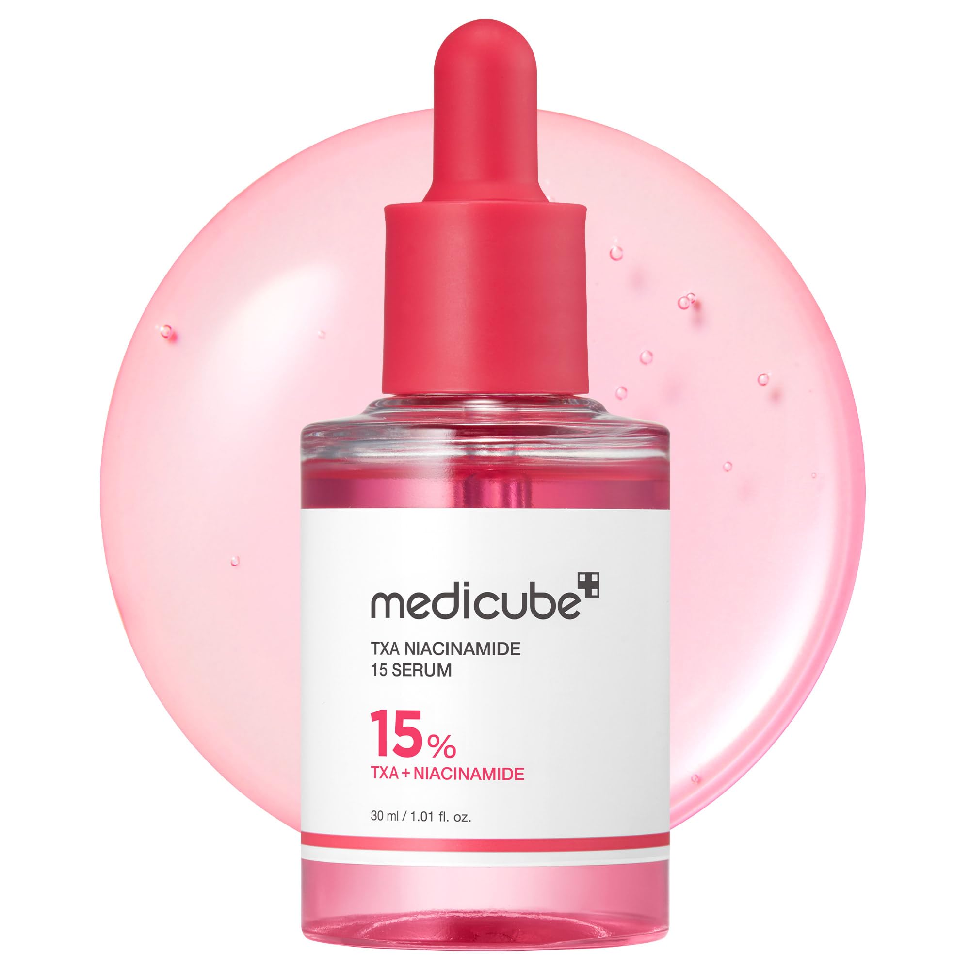 Medicube TXA Niacinamide Serum 30ml – flesje met pipet op roze ondergrond