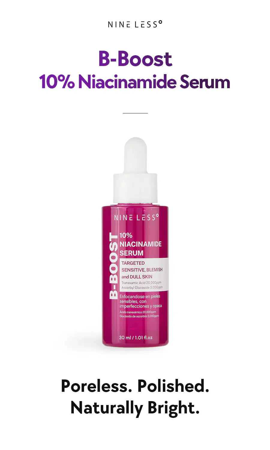 Niacinamide serumflesje NINE LESS B-Boost 10%, 30 ml, met druppelaar.