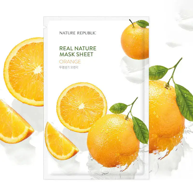 Mask sheet orange verpakking met sinaasappel, schijfjes en bladeren