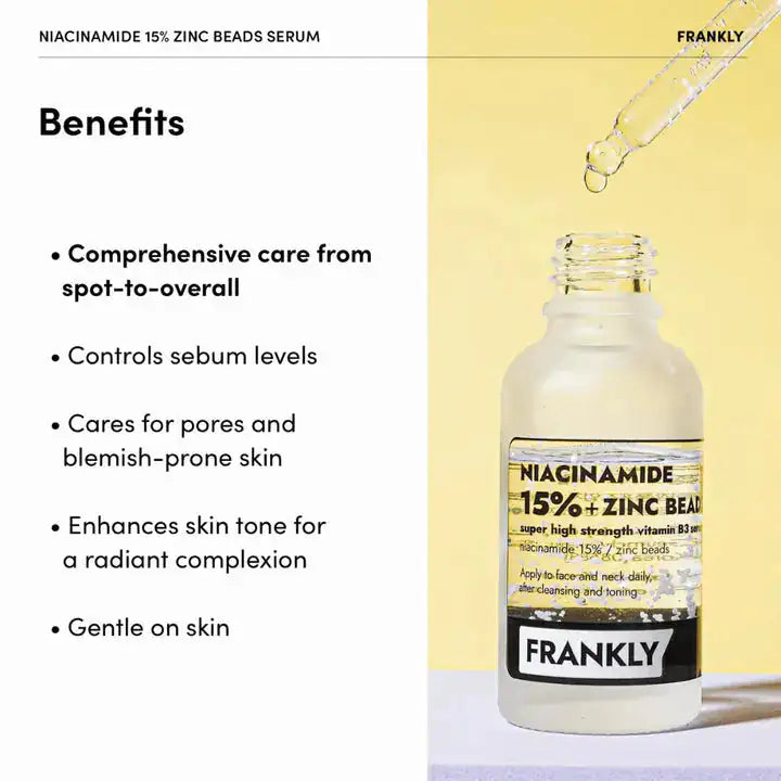 FRANKLY Niacinamide 15% Zinc Beads Serum Serumflesje met niacinamide en zinkparels met FRANKLY-label en pipet