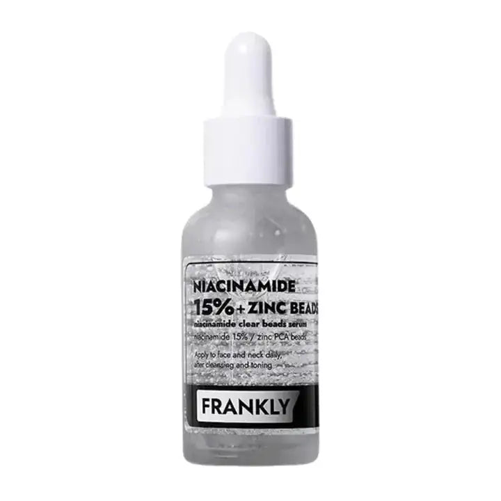 FRANKLY Niacinamide 15% Zinc Beads Serum Serumflesje met niacinamide en zinkparels, doorzichtig serum en witte pipetdop