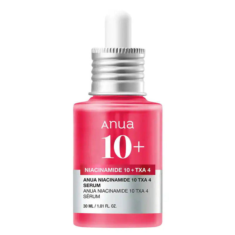 Anua Niacinamide 10%+TXA 4% Dark Spot Correcting Serum Anua 10+ serumflesje met zilveren dop; roze vloeistof in transparante fles
