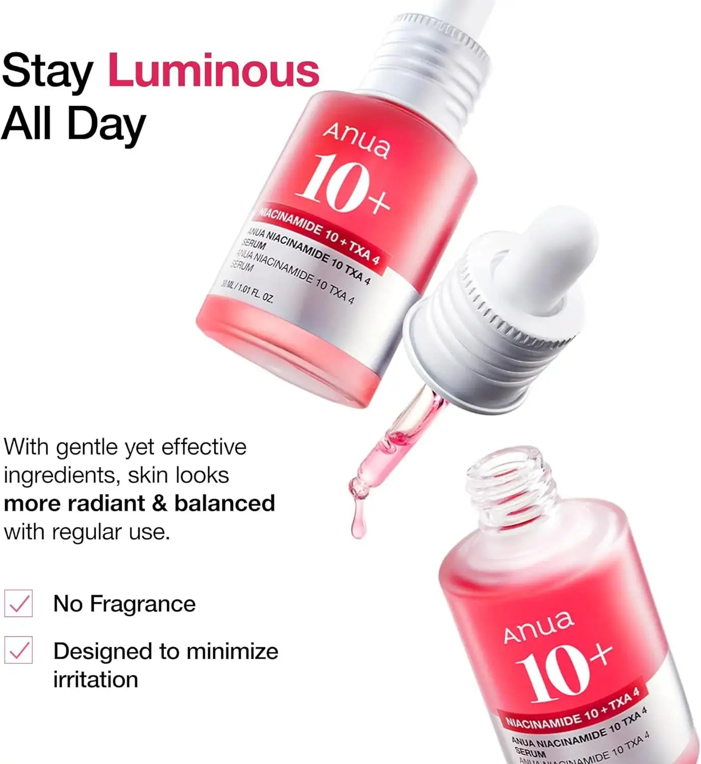 Anua Niacinamide 10%+TXA 4% Dark Spot Correcting Serum Anua 10+ serumfles met loshangende druppels; roze vloeistof en witte dop
