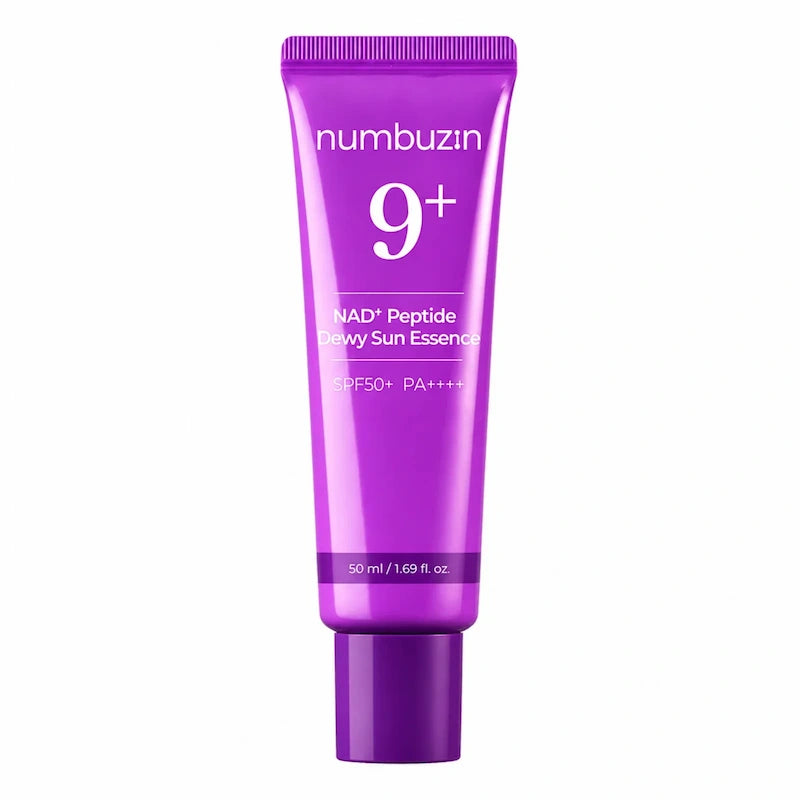 Numbuzin No.9 NAD+ 9 Peptides Dewy Sun Essence SPF50+ PA++++ – paarse tube van 50ml op witte achtergrond