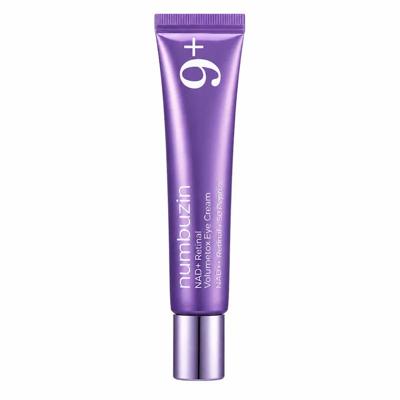 Numbuzin No.9 NAD+ Retinal Volumetox Eye Cream 20 ml in een paarse tube met zilverkleurige dop.