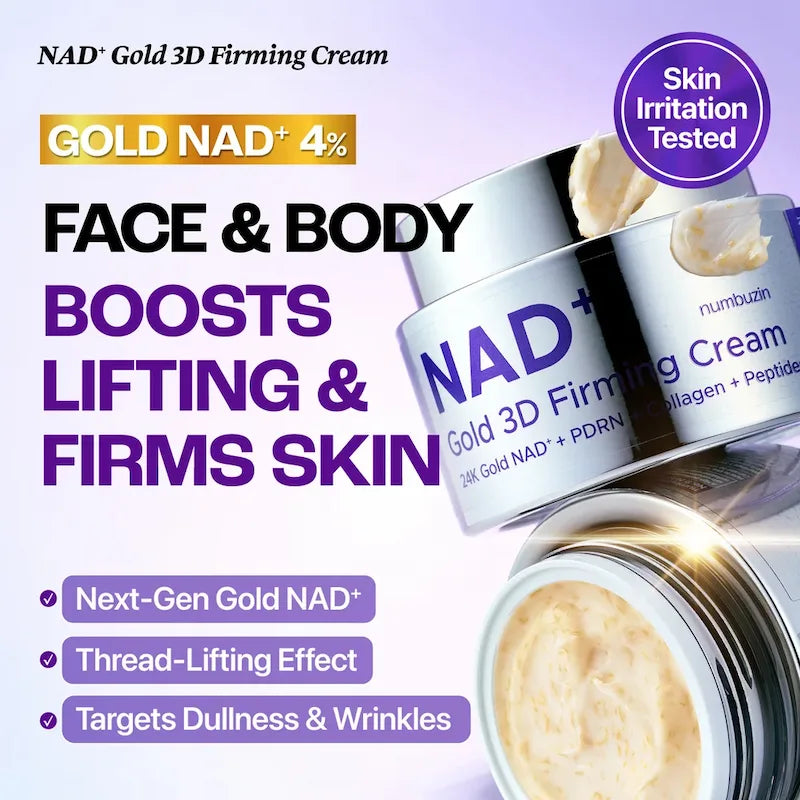 Numbuzin No.9 NAD+ Gold 3D Firming Cream met informatie over verstevigende verzorging voor gezicht en lichaam.