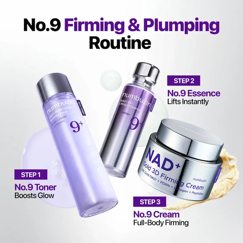 Numbuzin No.9 verzorgingsroutine met toner, essence en NAD+ Gold 3D Firming Cream.