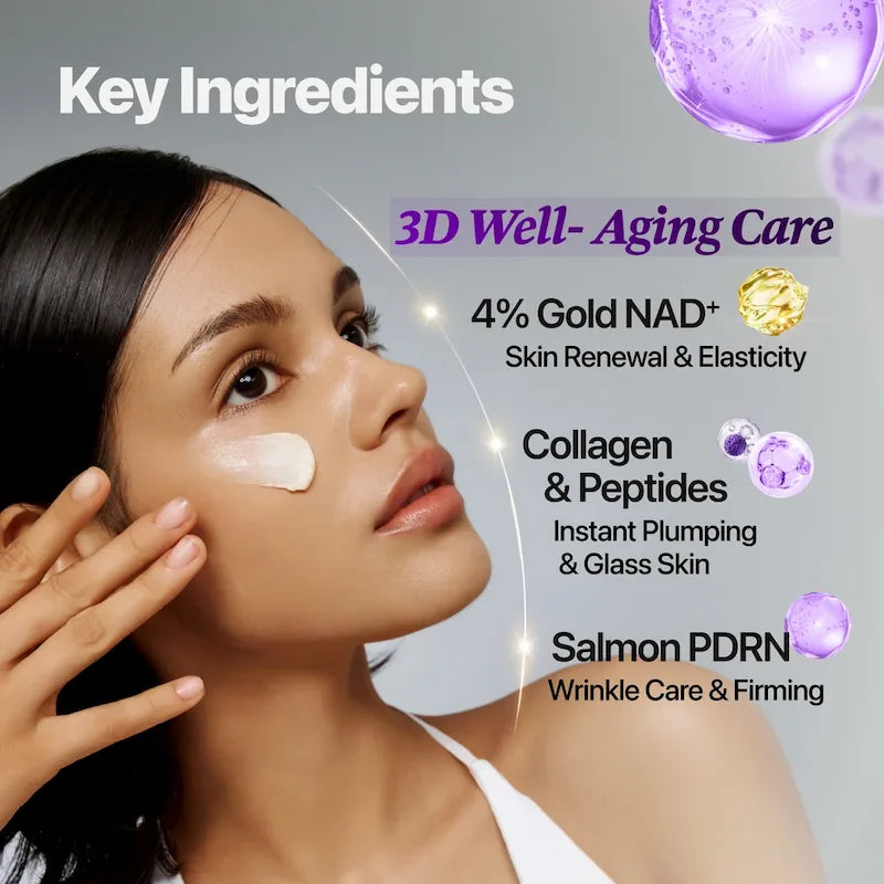 Model met crème op de wang naast informatie over Gold NAD+, collagen, peptiden en Salmon PDRN.