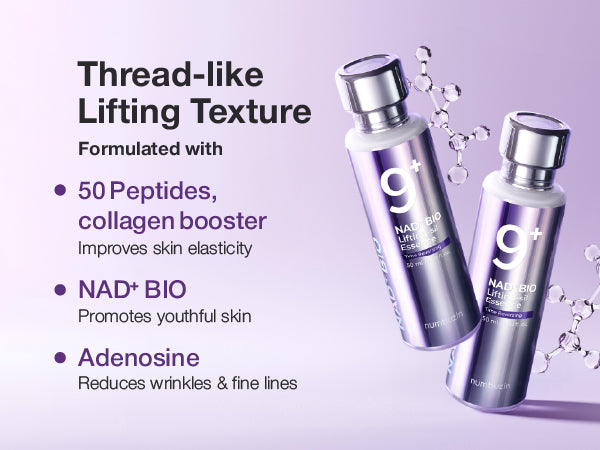 No.9 NAD Bio Lifting Essence 50ml met druppels – Essentie met hyaluronzuur en peptiden voor een stralende huid.